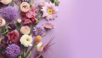 flerfärgad vår blommor på lila bakgrund , generera ai foto