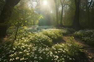 abstrakt natur vår bakgrund. vår blomma och fjäril, generera ai foto