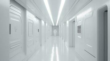 inuti smal abstrakt ljus vit tron korridor med fyrkant former med fönster till ett okänd planet, vetenskap fiktion, glas, båge nämligen, och modern arkitektur, generera ai foto