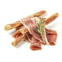 gott italiensk grissini med skivor av jamon på vit bakgrund, generera ai foto