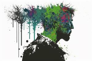 mental hälsa kreativ abstrakt begrepp. färgrik illustration av manlig huvud, måla stänka ner stil. baner vit bakgrund. generativ ai. foto