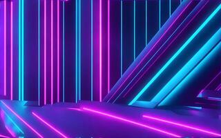 3d framställa abstrakt minimal neon bakgrund rosa blå neon rader gående upp lysande i ultraviolett spektrum. ai generativ foto