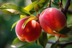 naturlig frukt. persikor växande på en träd i de sommar. färsk persikor stänga upp på träd grenar. utsökt och friska organisk näring. trädgård med mogen frukter. generativ ai. foto