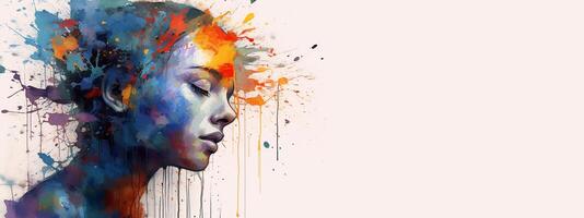 mental hälsa och kreativ abstrakt begrepp. färgrik illustration av kvinna huvud måla stänka ner stil. mindfulness och själv vård aning. baner. kopia Plats. generativ ai. foto