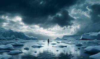 pingvin stående på is isflak och ser på isberg i island ai genererad foto