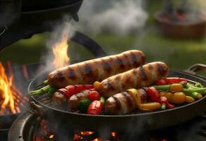 grillad korvar och grönsaker på en flammande bbq grill. ai genererad foto