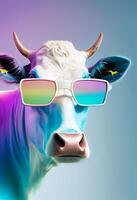 kreativ djur- sammansättning. ko bär nyanser solglasögon monokel isolerat. pastell lutning bakgrund. med text kopia Plats. ai genererad foto