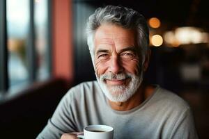 stänga upp porträtt av mogna senior manlig med kopp av kaffe. ai genererad foto