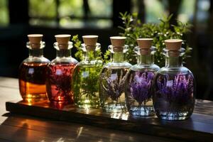 ett sortiment av grundläggande olja flaskor med färsk växter från som de är härledd, tycka om lavendel, pepparmynta, och rosmarin, anordnad på en trä- yta. ai genererad foto