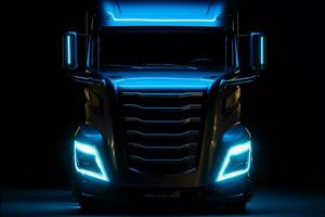 ai generativ främre ansikte av elektrisk lastbil i mörk bakgrund foto