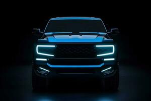 ai generativ elektrisk plocka upp lastbil främre se med neon ljus foto