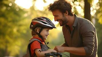 Lycklig familj far sätter på son hjälm för säker cykling. ai genererad foto