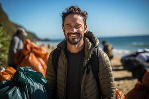 porträtt stänga upp leende blandad lopp volontär- man samlar skräp på de strand. ai genererad foto