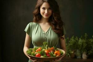 en gravid kvinna innehav upp en skål av grönsaker. ai genererad foto