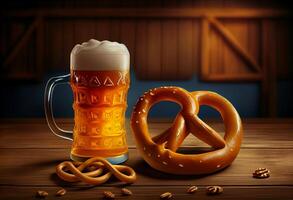 öl och pretzel på trä- bakgrund, oktoberfest. ai genererad. foto