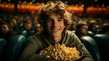 man äter popcorn i en film teater, Sammanträde och äter popcorn. ai genererad foto