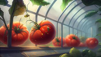 mogen saftig röd tomater i de växthus . ai genererad. foto