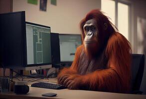 porträtt av ett antropomorf orangutang som en utvecklare i de kontor. ai genererad. foto