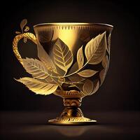 Foto en guld kopp med en blad design på Det. ai genererad