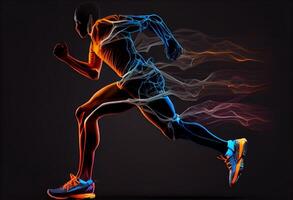 sport löpare , sida profil se av sportig energisk allvarlig friska dynamisk , sida se av en joggare ben med de kraft i de vener isolerat. ai genererad foto