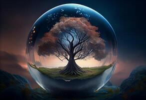 en glas boll med en träd inuti Det, en matt målning, fantasi konst, fantasi, surrealistiskt. ai genererad foto