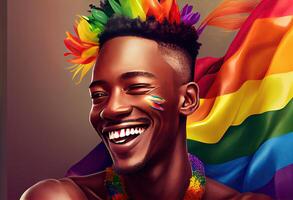Lycklig afrikansk Gay man fira stolthet festival - lgbtq gemenskap begrepp. ai genererad foto