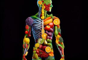 friska näring och diet begrepp. mänsklig kropp tillverkad av färsk frukt och grönsaker. ai genererad foto