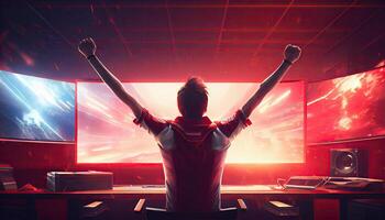 professionell esports gamer gläds i de seger och röd spel rum bakgrund. ai genererad foto