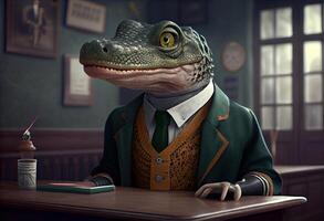 porträtt av ett antropomorf krokodil klädd som en skol i en klassrum. ai genererad foto