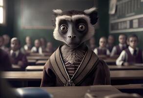 porträtt av ett antropomorf lemur klädd som en skol i en klassrum. ai genererad. foto