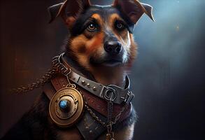 hund med en steampunk Kolla på snodd runt om hans nacke skyddande en säker. ai genererad foto