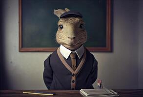 porträtt av ett antropomorf capybara klädd som en skol i en klassrum. ai genererad. foto