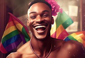 Lycklig afrikansk Gay man fira stolthet festival - lgbtq gemenskap begrepp. ai genererad. foto