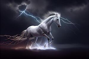 en vit häst kör genom mörk storm moln bland blixt. ai genererad foto