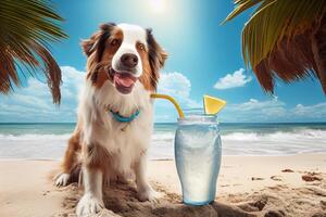 söt hund, njuter på de strand med en kokos dryck. ai genererad foto