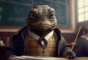 porträtt av ett antropomorf sköldpadda klädd som en skol i en klassrum. ai genererad. foto