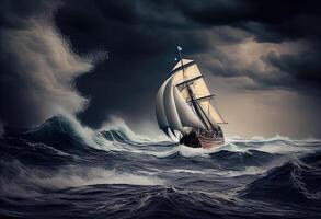 segelbåt mot en bakgrund av hav och storm. ai genererad. foto