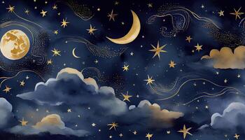 sömlös mönster av de natt himmel med guld folie konstellationer stjärnor och moln vattenfärg. ai genererad. foto