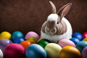 söt kanin med påsk ägg, färgrik bakgrund. ai genererad foto