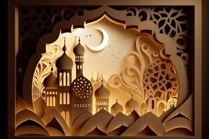 illustration av abstrakt papper skära moské, halvmåne, mönster, fönster och gata för hälsning kort. ai genererad. foto