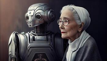 senior kvinna med robot vård för de framtida. ai genererad. foto