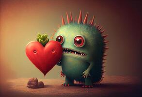söt kärlek monster med hjärta, illustrationer. ai genererad foto