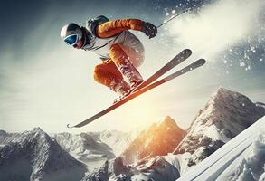 vinter- extrem idrottare sporter åka skidor hoppa på berg. ai genererad foto