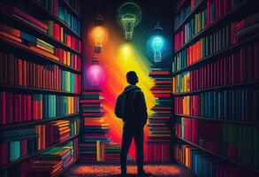 man med bok och glödlampa ser för kunskap på bibliotek med color böcker. ai genererad foto
