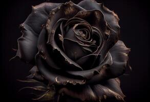 Foto svart reste sig blomma stänga upp mörk ro bakgrund. ai genererad