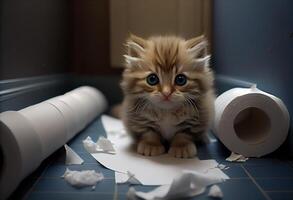 söt kattunge i de badrum slet en lugg av toalett papper på de golv. ai genererad. foto