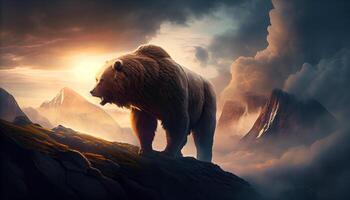 stor våldsam Björn på topp av en berg på solnedgång. ai genererad. foto