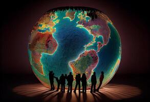 en grupp av människor stående runt om en stor klot med en Karta av de värld. ai genererad. foto