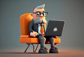 tecknad serie karaktär affärsman Sammanträde i en stol med bärbar dator. 3d illustration. ai genererad. foto