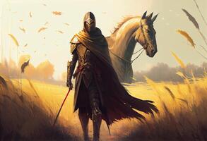 en gyllene riddare och hans häst gående till fält av svärd. ai genererad. foto